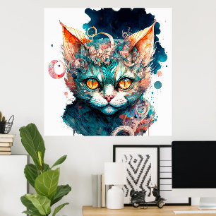 Watercolor cat in steampunk style poster