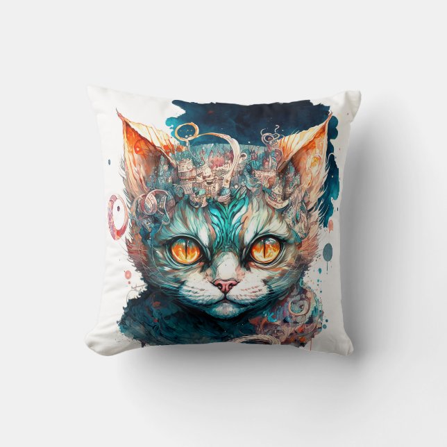 Watercolor cat in steampunk style throw pillow (Front)