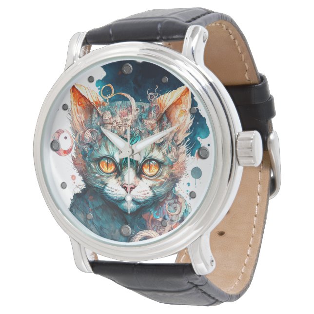 Watercolor cat in steampunk style  watch (Angled)