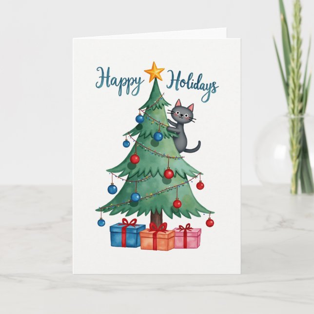 Watercolor Cat In Tree Happy Holidays Card (Front)