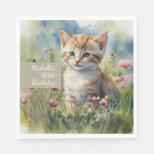 Watercolor Cat Meadow Flowers 80th Birthday Napkins