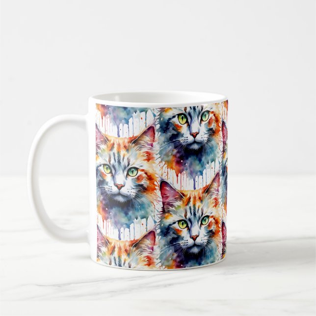 Watercolor Cat Multicolor Splash art Coffee Mug (Left)