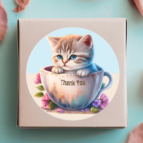 Watercolor Cat or Kitten in a Teacup thank you Classic Round Sticker