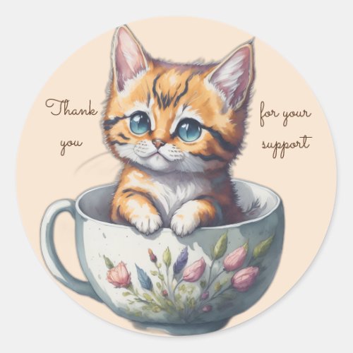 Watercolor Cat or Kitten in a Teacup thank you Classic Round Sticker