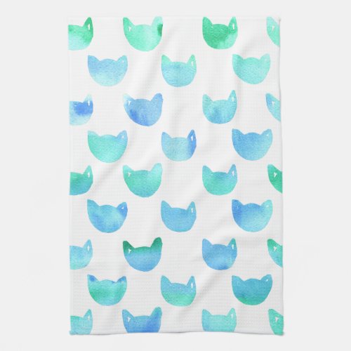 Watercolor Cat outline blue green dish Kitchen Towel