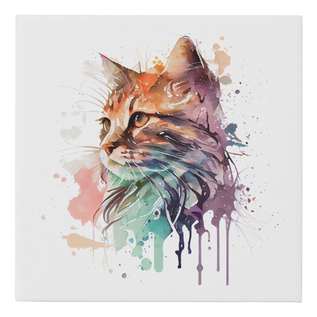 Watercolor Cat Painting Faux Canvas Print (Front)