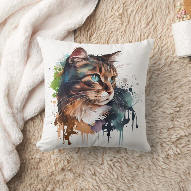 Watercolor Cat Painting Throw Pillow (Blanket)