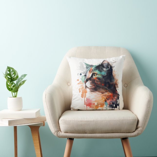 Watercolor Cat Painting Throw Pillow (Chair)