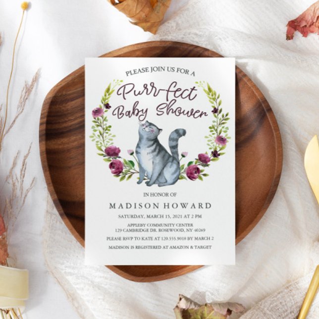 Watercolor Cat Purr-fect Baby Shower Invitation (Creator Uploaded)