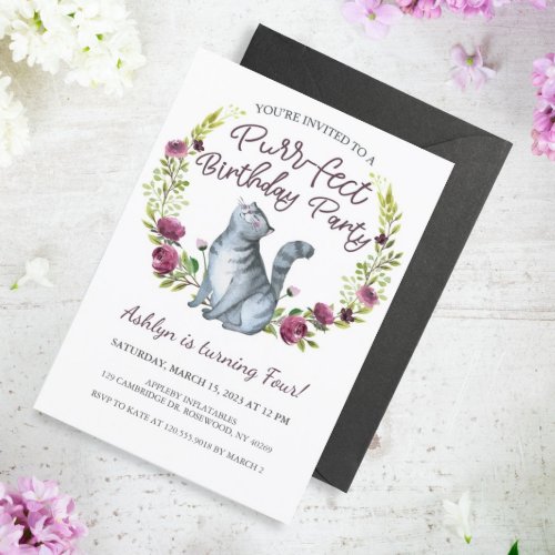 Watercolor Cat Purr_fect Birthday Party Invitation