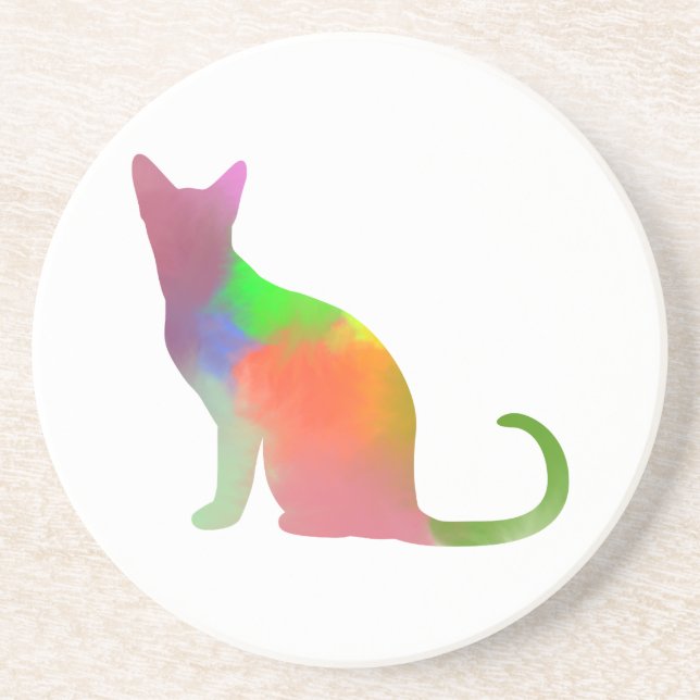 Watercolor Cat Silhouette Sandstone Coaster (Front)