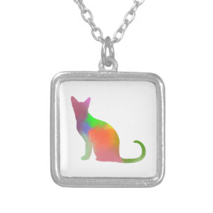 Watercolor Cat Silhouette Silver Plated Necklace