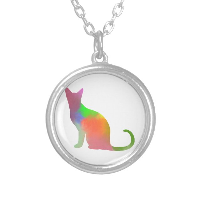 Watercolor Cat Silhouette Silver Plated Necklace (Front)
