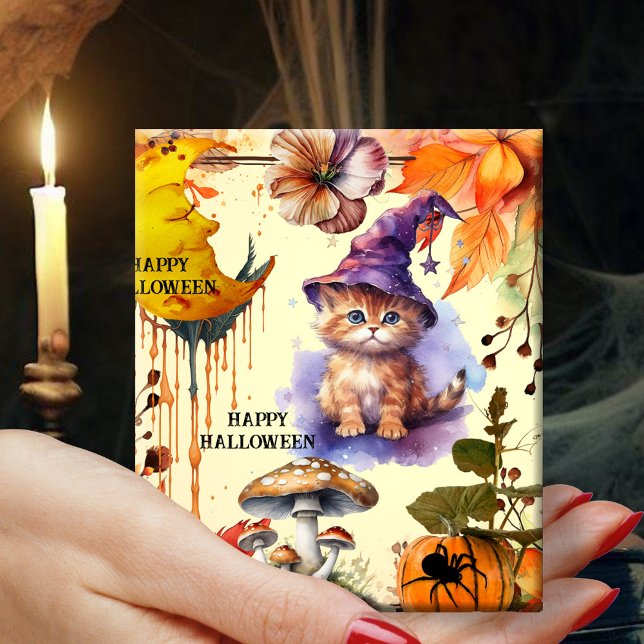 Watercolor Cat Witch Happy Halloween Wrapping Paper (Halloween wrapping paper featuring a kitty dressed up as witch, surrounded by a colorful design)