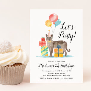 Watercolor Cat with Balloons Kids Birthday Party Invitation