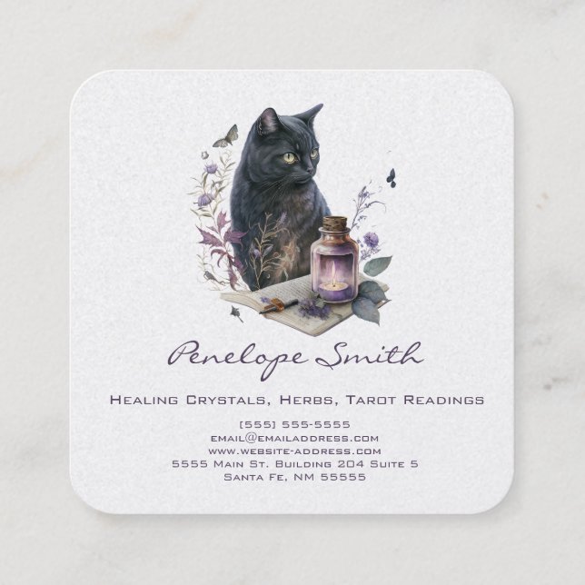 Watercolor Cat With Book of Spells and Candle Square Business Card (Back)