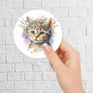 Watercolor Cat with flowers crown Classic Round Sticker