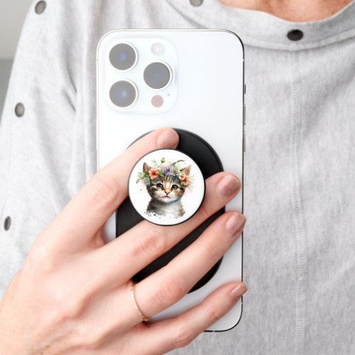 Watercolor Cat with flowers crown PopSocket