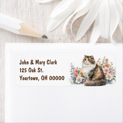 Watercolor Cat With Flowers Label