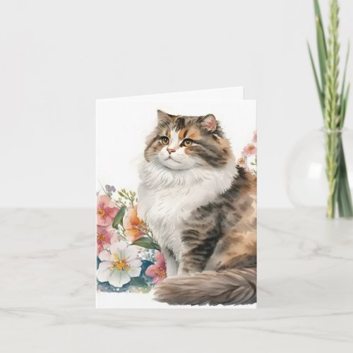Watercolor Cat With Flowers Note Card