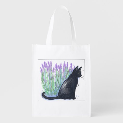 Watercolor Cat with Lavender _ Grocery Tote