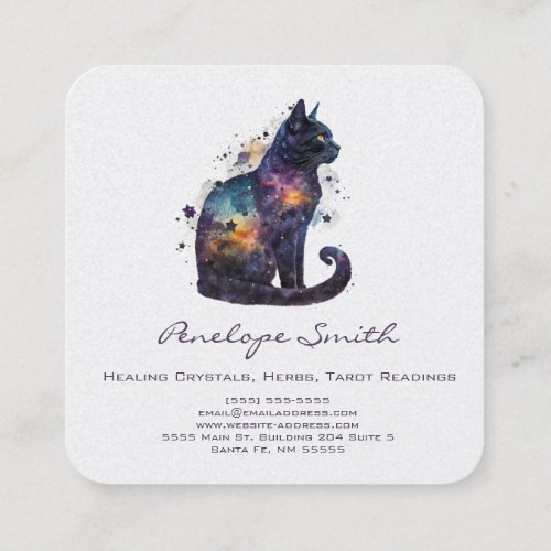 Watercolor Cat With Stars Square Business Card