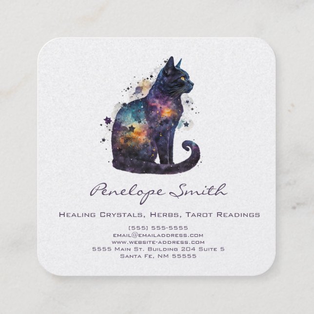 Watercolor Cat With Stars Square Business Card (Back)