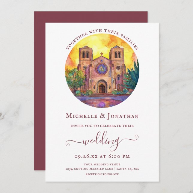 Watercolor Cathedral Church All In One Wedding Invitation (Front/Back)