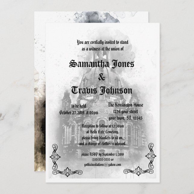 Watercolor Cathedral Goth Wedding Invitations (Front/Back)