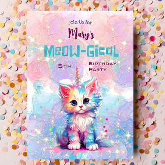 Watercolor Caticorn Meow-Gical Birthday Invitation