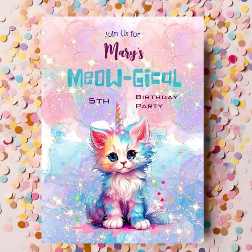 Watercolor Caticorn Meow_Gical Birthday Invitation