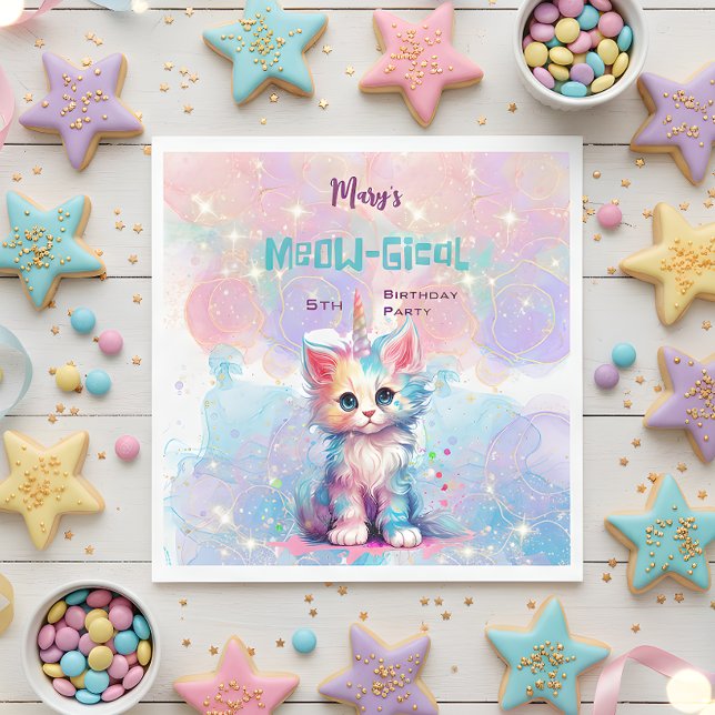 Watercolor Caticorn Meow-Gical Birthday Napkins (Creator Uploaded)