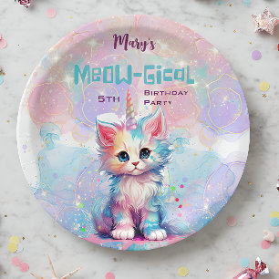 Watercolor Caticorn Meow-Gical Birthday Paper Plates