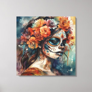 Watercolor Catrina Dia de los Muertos Sugar Skull Canvas Print