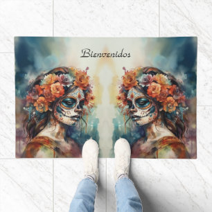 Watercolor Catrina Dia de los Muertos Sugar Skull Doormat