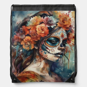 Watercolor Catrina Dia de los Muertos Sugar Skull Drawstring Bag