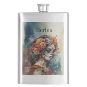 Watercolor Catrina Dia de los Muertos Sugar Skull Flask