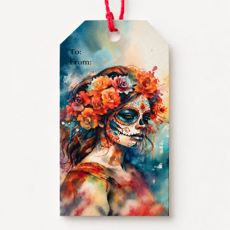 Watercolor Catrina Dia de los Muertos Sugar Skull Gift Tags
