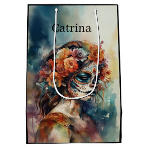 Watercolor Catrina Dia de los Muertos Sugar Skull Medium Gift Bag