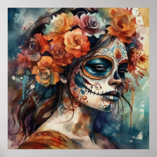 Watercolor Catrina Dia de los Muertos Sugar Skull Poster