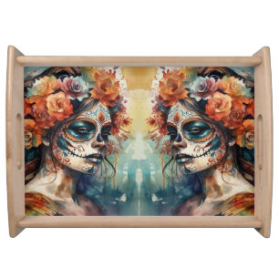 Watercolor Catrina Dia de los Muertos Sugar Skull Serving Tray