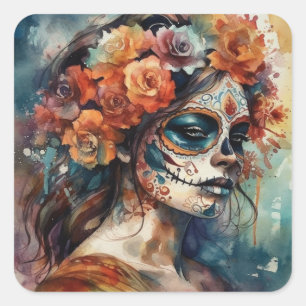 Watercolor Catrina Dia de los Muertos Sugar Skull Square Sticker