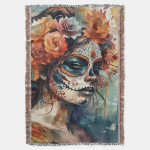 Watercolor Catrina Dia de los Muertos Sugar Skull Throw Blanket