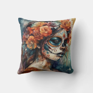 Watercolor Catrina Dia de los Muertos Sugar Skull Throw Pillow