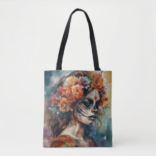 Watercolor Catrina Dia de los Muertos Sugar Skull Tote Bag