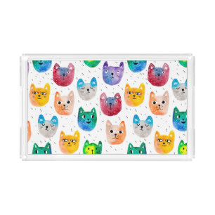 Watercolor cats and friends acrylic tray