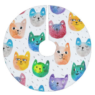 Watercolor cats and friends brushed polyester tree skirt