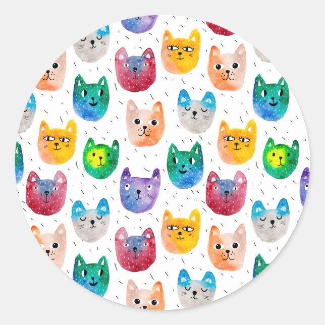 Watercolor cats and friends classic round sticker (Front)