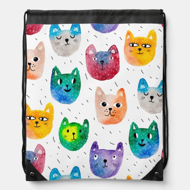 Watercolor cats and friends drawstring bag (Front)
