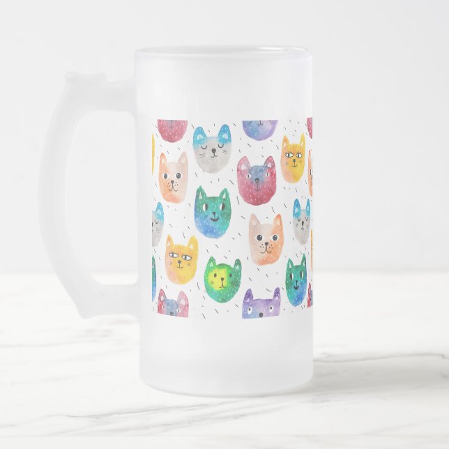 Watercolor cats and friends frosted glass beer mug (Left)